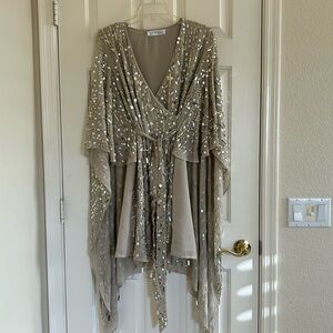 Mac Duggal Cape Back Fringe Beaded Robe Dress